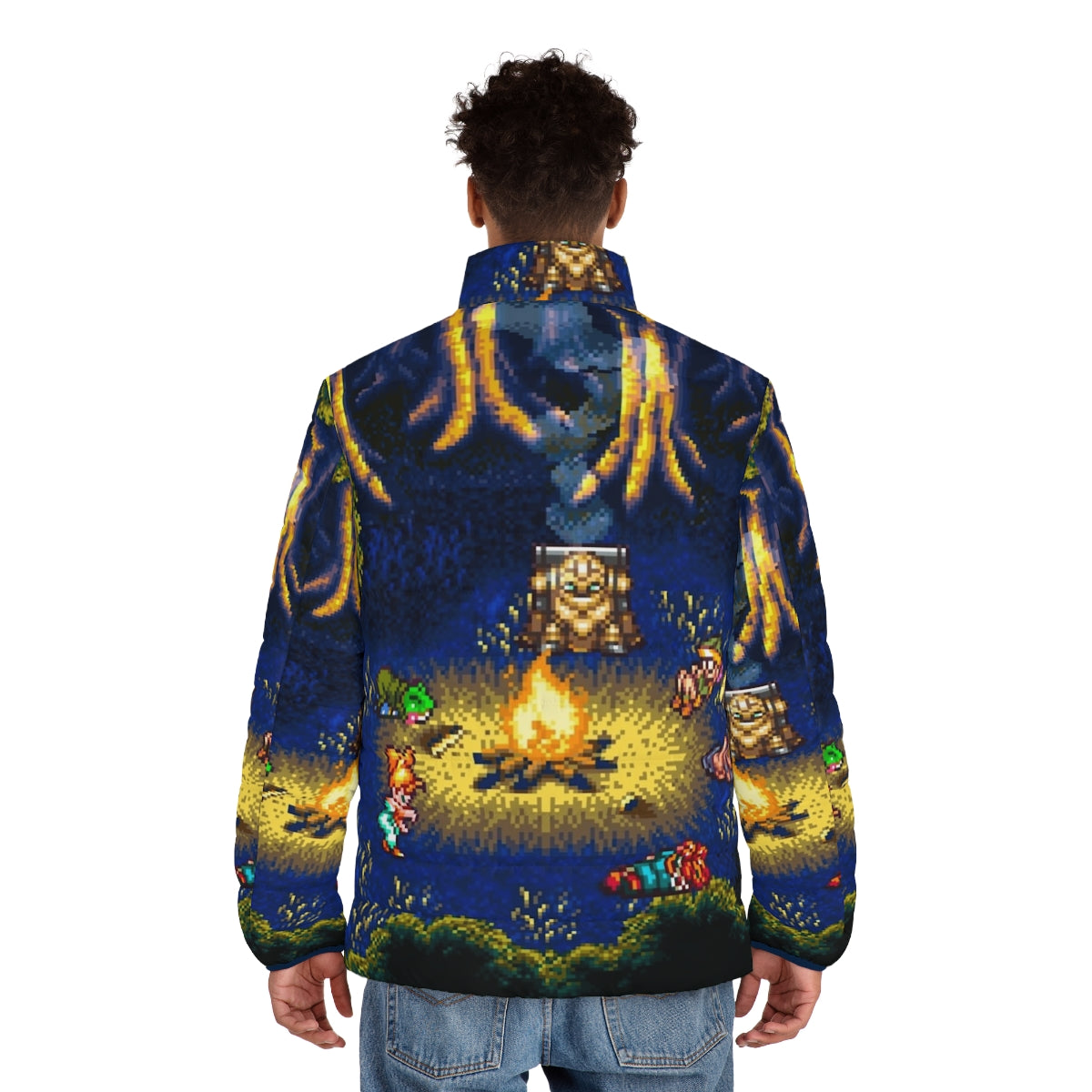 Chrono Trigger inspired retro pixel art puffer jacket - men back