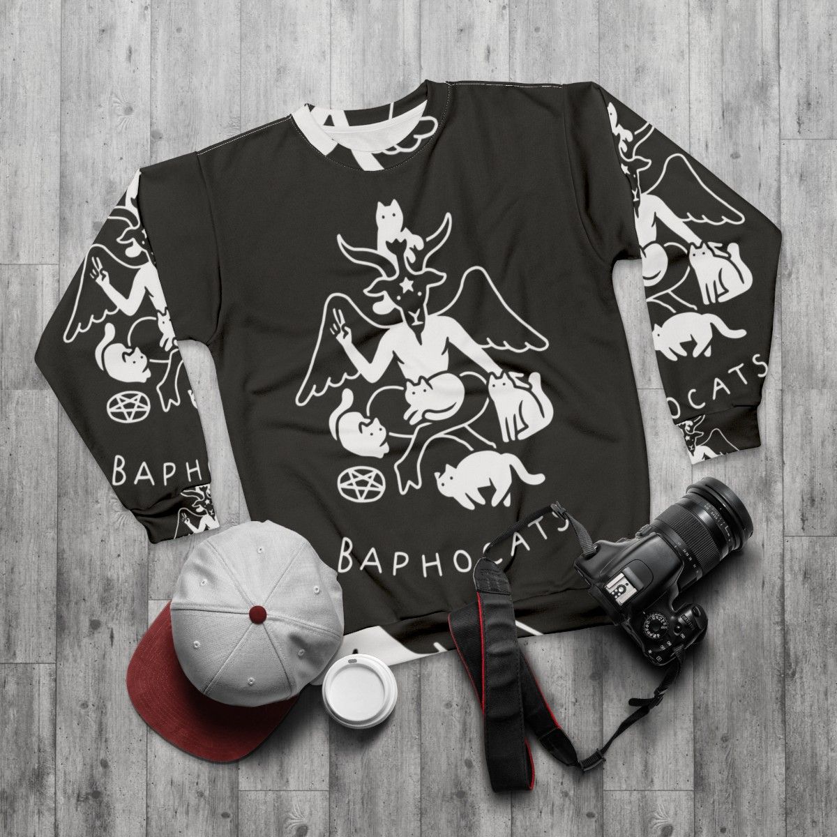 Baphomet sweatshirt with horns and pentagram design - flat lay