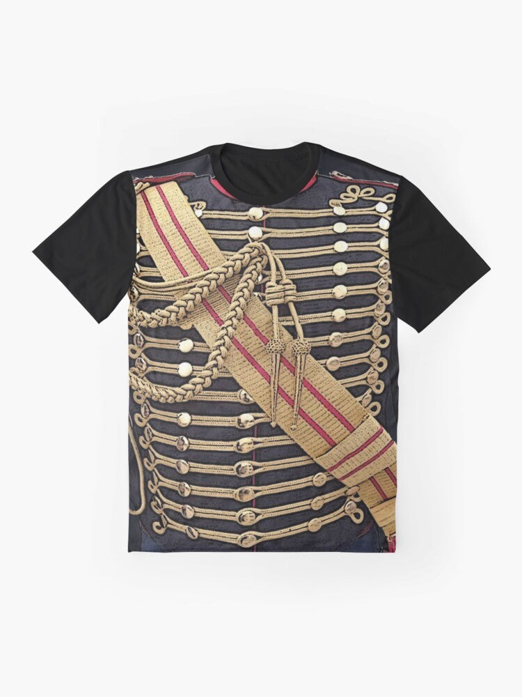 Graphic t-shirt featuring a simulated military uniform with a blue hussar jacket and gold trim - Flat lay