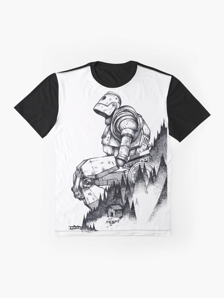 An Iron Giant cartoon character graphic on a t-shirt. - Flat lay