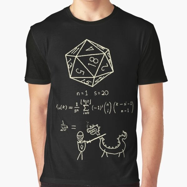 A graphic t-shirt featuring the science and mathematics behind 20-sided dice, perfect for D&D and tabletop roleplaying game enthusiasts.