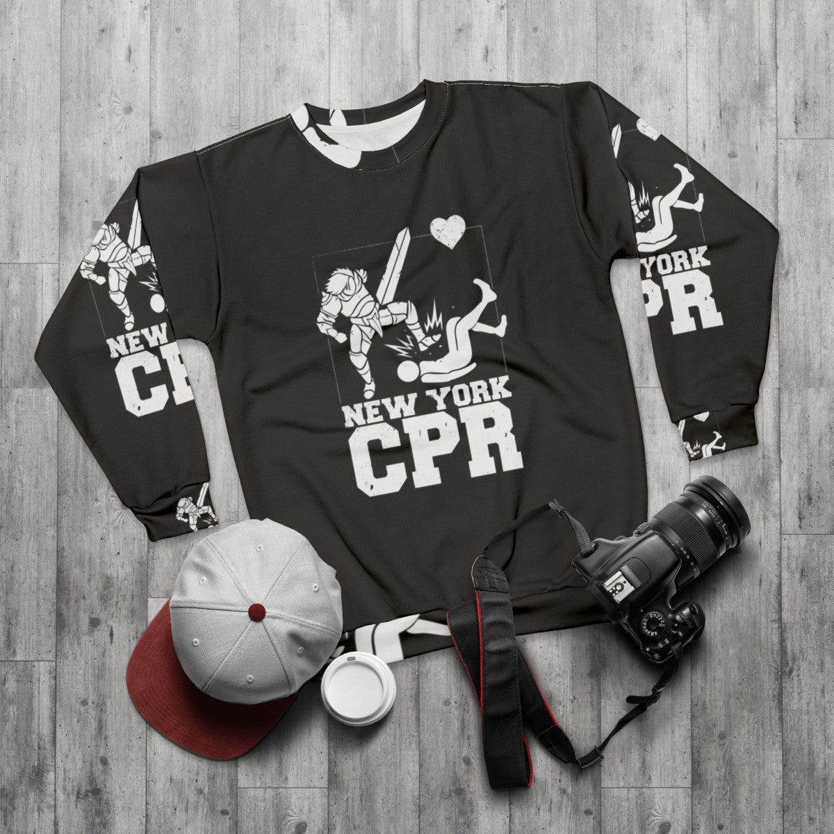 New York CPR Black Sweatshirt, video game merchandise - flat lay