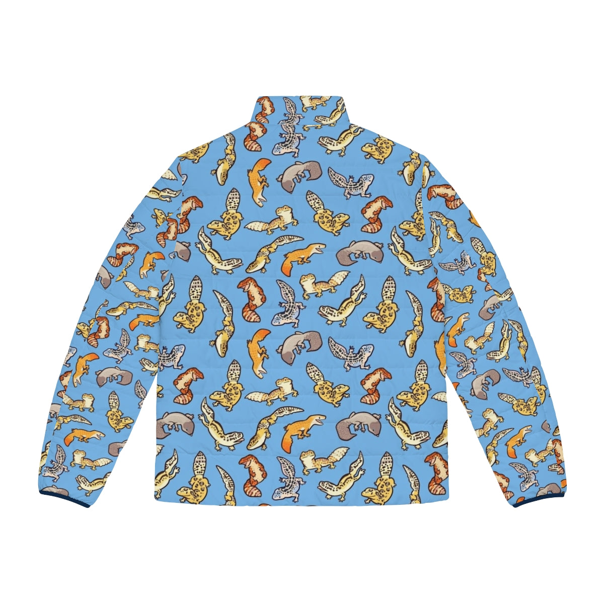 Chub gecko wearing a blue puffer jacket with a vibrant pattern - Back