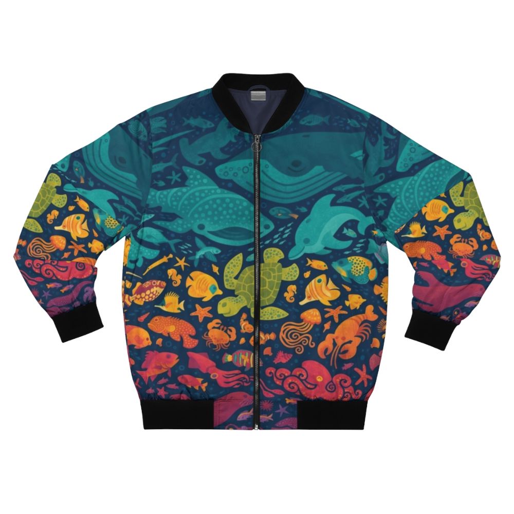 Aquatic Spectrum Sea Creatures Bomber Jacket with colorful ocean-themed graphics