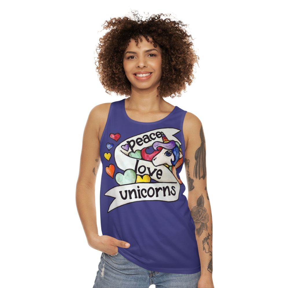 Unisex peace love unicorns tank top with retro rainbow design - women