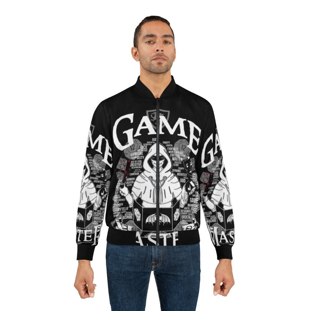 A white bomber jacket with a game master graphic design, perfect for tabletop roleplaying enthusiasts. - Lifestyle