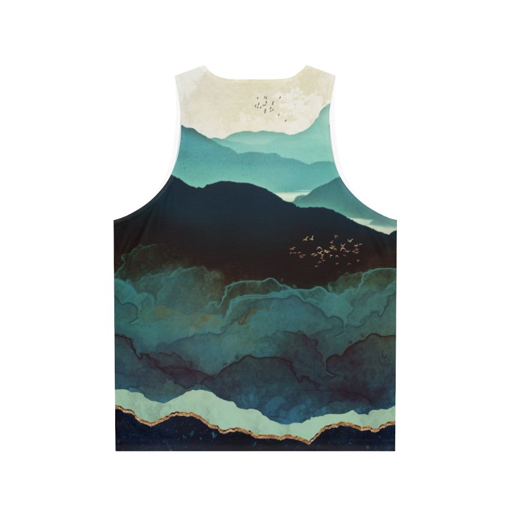 Unisex watercolor tank top with mountain landscape design - Back