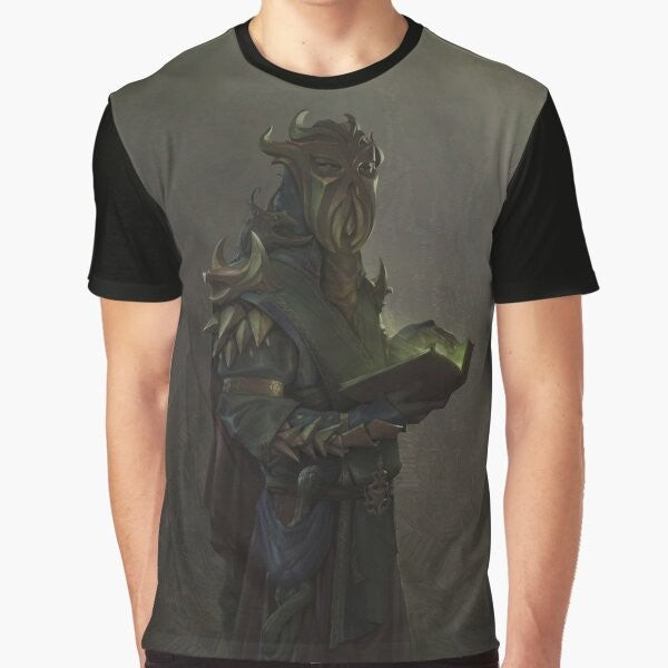 Lovecraft and Skyrim inspired "Silence Unbroken" graphic t-shirt design featuring Miraak, the Dragonborn, and Hermaeus Mora