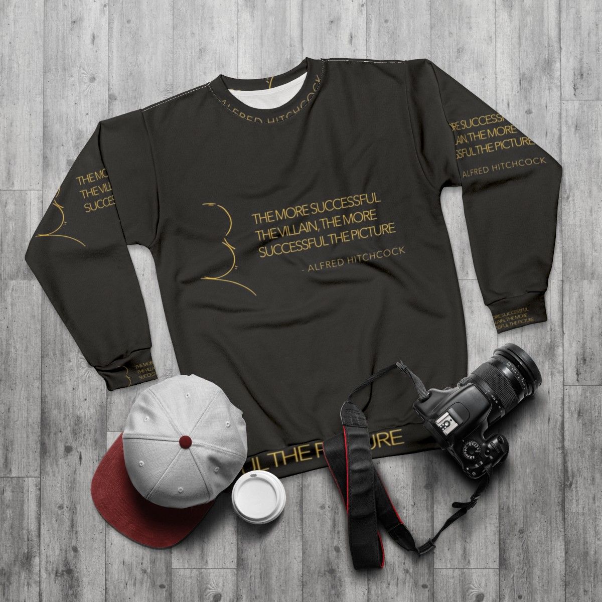 Alfred Hitchcock Villain Sweatshirt featuring iconic quotes - flat lay