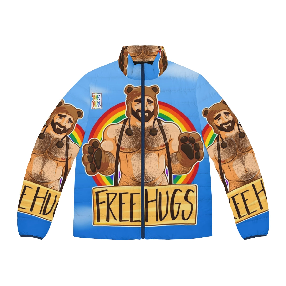 A cozy puffer jacket featuring a bear pride design, perfect for the gay bear lifestyle.