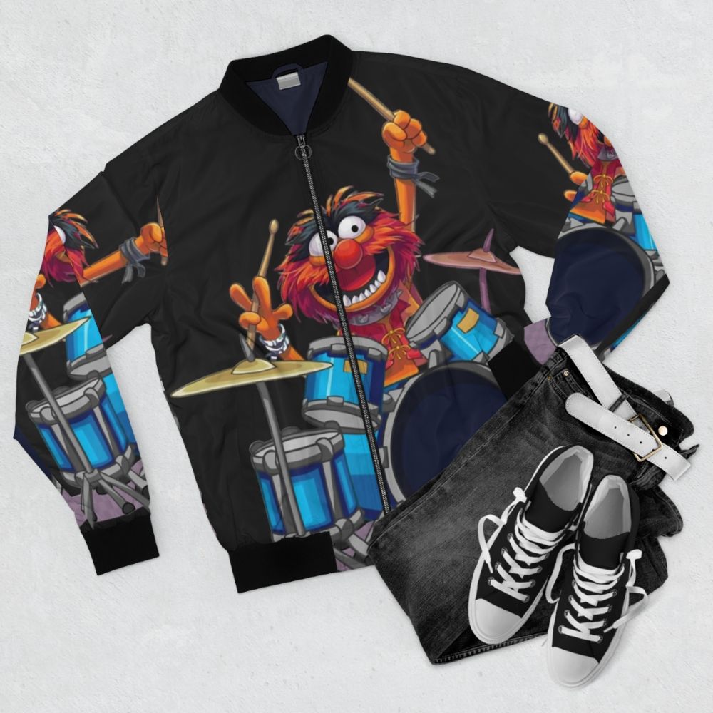 Classic bomber jacket featuring The Muppets' character Animal the drummer - Flat lay