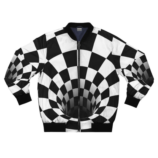 Black and white optical illusion checkerboard pattern on a bomber jacket