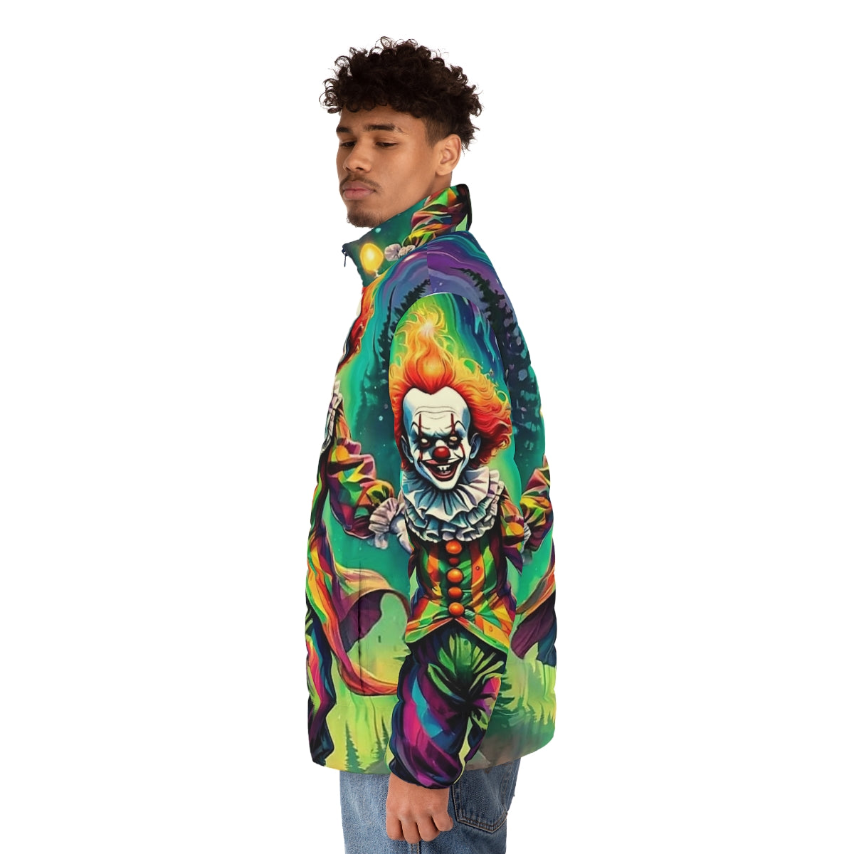 Scary clown puffer jacket for Halloween - men side left