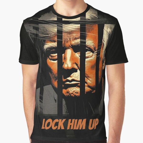 Graphic t-shirt design featuring the text "Lock Him Up" and an anti-Trump message.