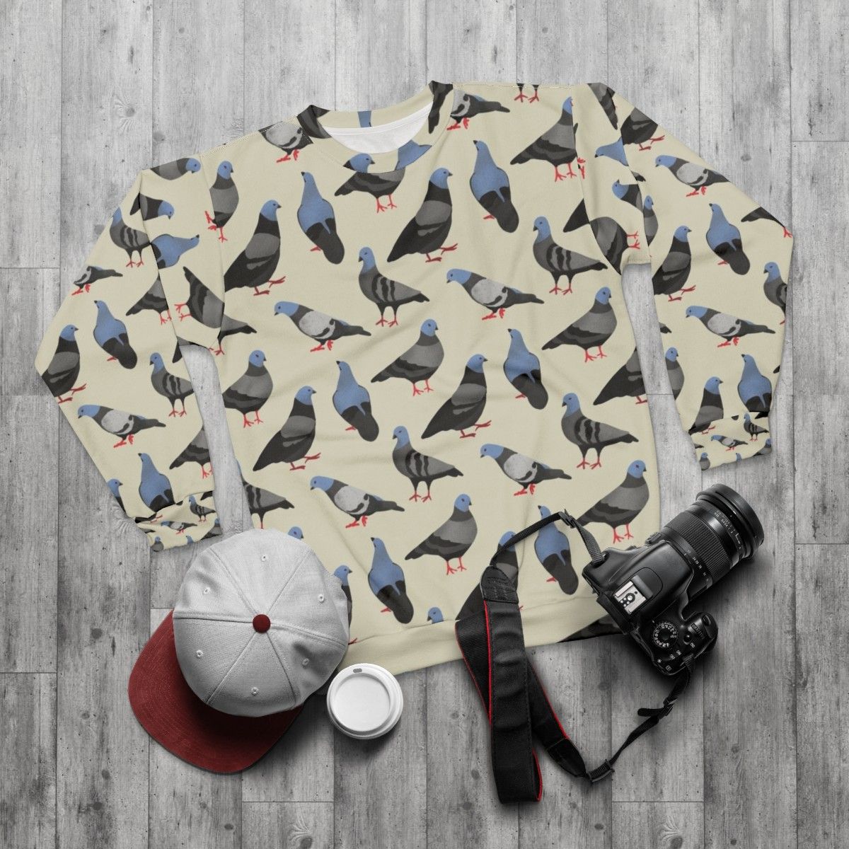 Pigeons Sweatshirt featuring a colorful pattern of pigeons - flat lay