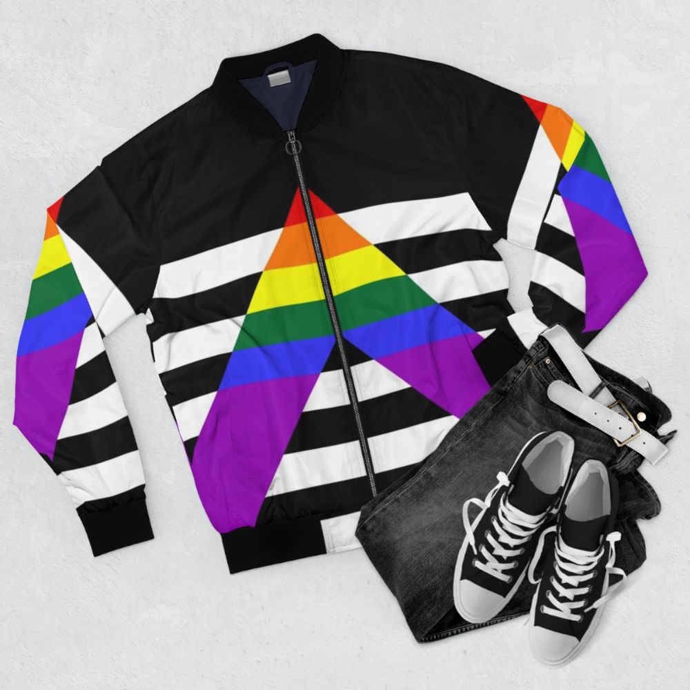 Straight Ally Pride Flag Bomber Jacket with Rainbow Design - Flat lay