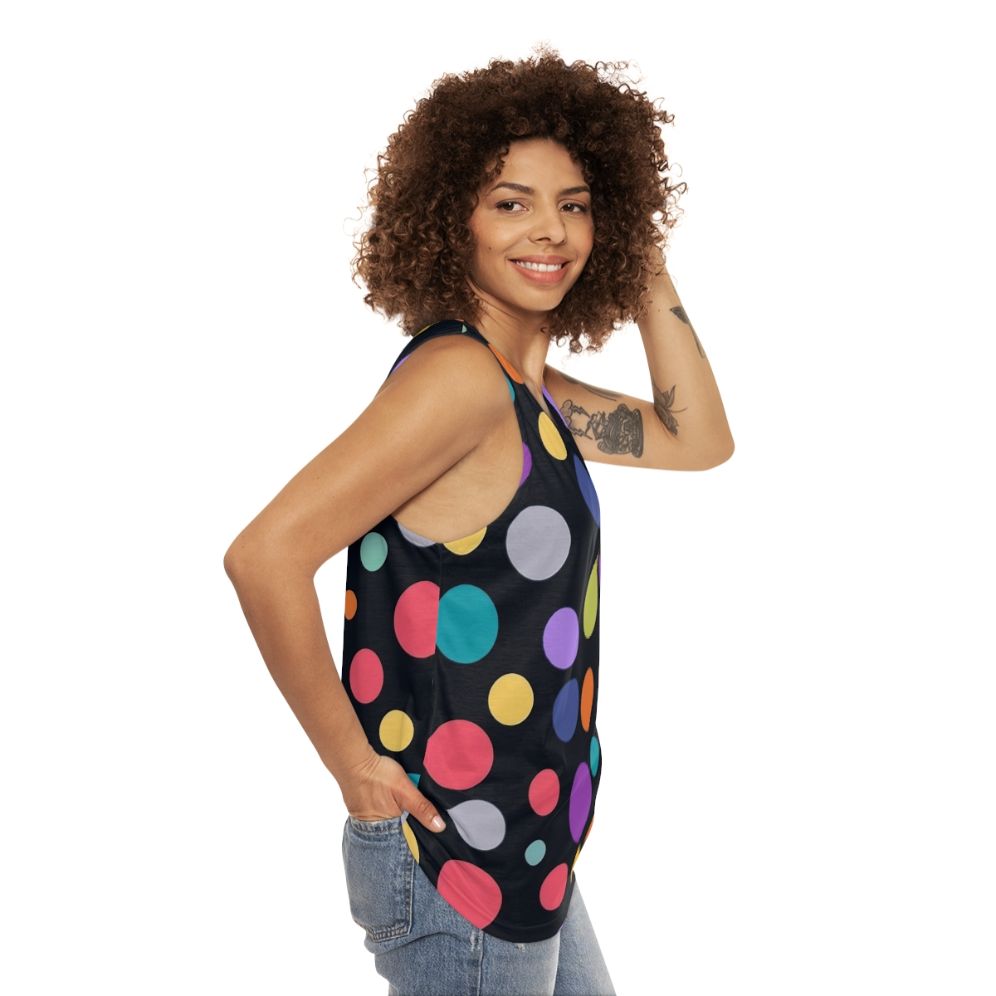 Colorful polka dot unisex tank top with minimalist geometric design - women side