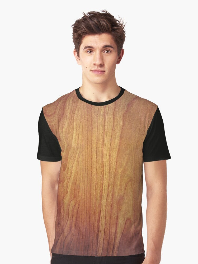 Closeup photo of a natural wood texture graphic printed on a t-shirt - Men