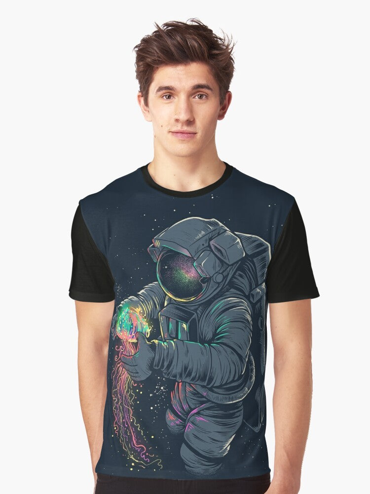 Psychedelic space jellyfish graphic design on a t-shirt featuring an astronaut exploring the cosmos - Men