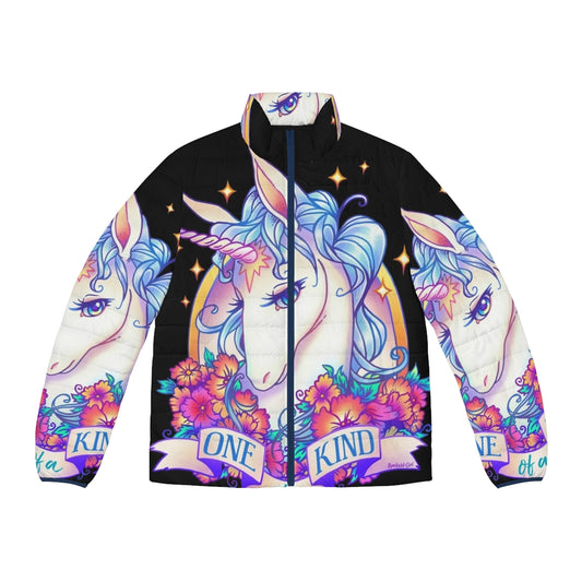 A vibrant puffer jacket adorned with a unicorn and other fantastical creatures