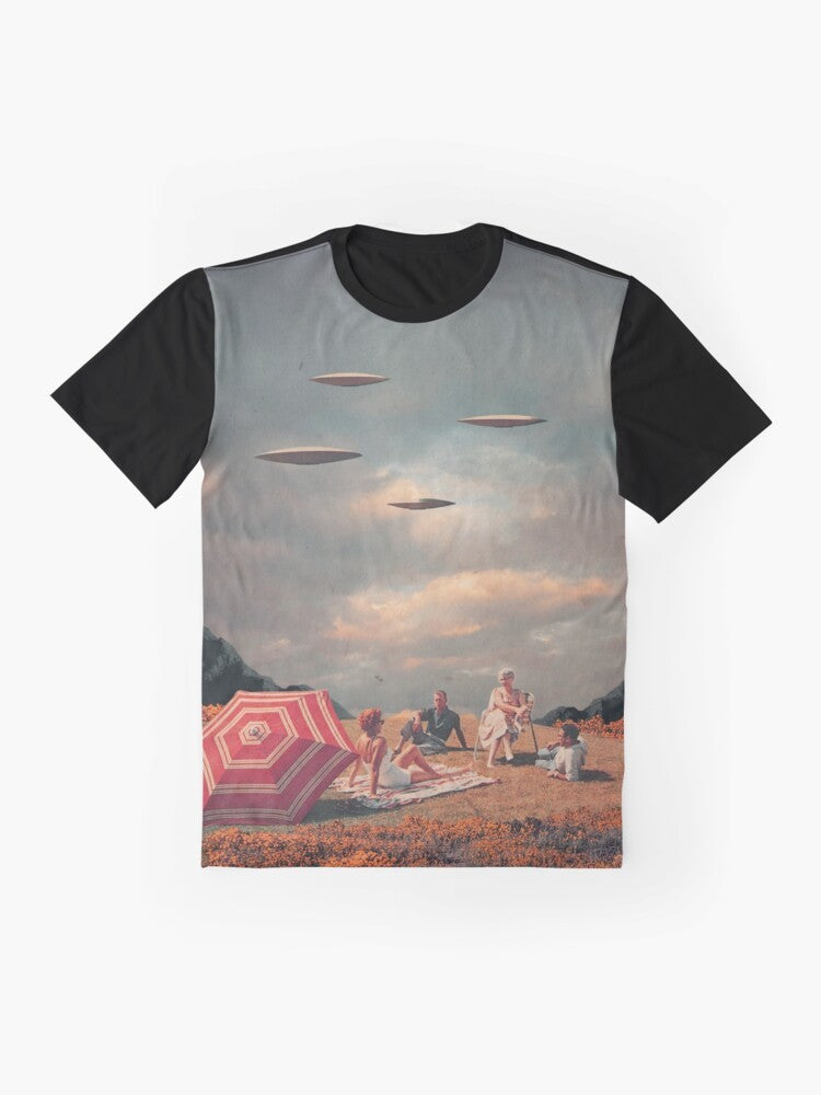 Vintage, retro future graphic t-shirt design featuring a surreal collage of a spaceship, mountains, clouds, and people in a colorful, 1960s-inspired style. - Flat lay