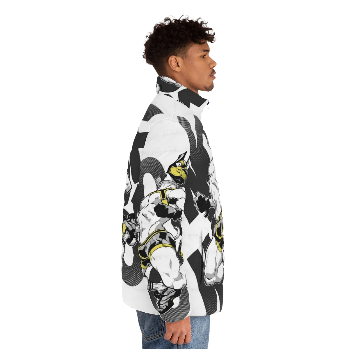 Stylish puffer jacket with a dog-themed design, perfect for LGBTQ+ fashion enthusiasts - men side right