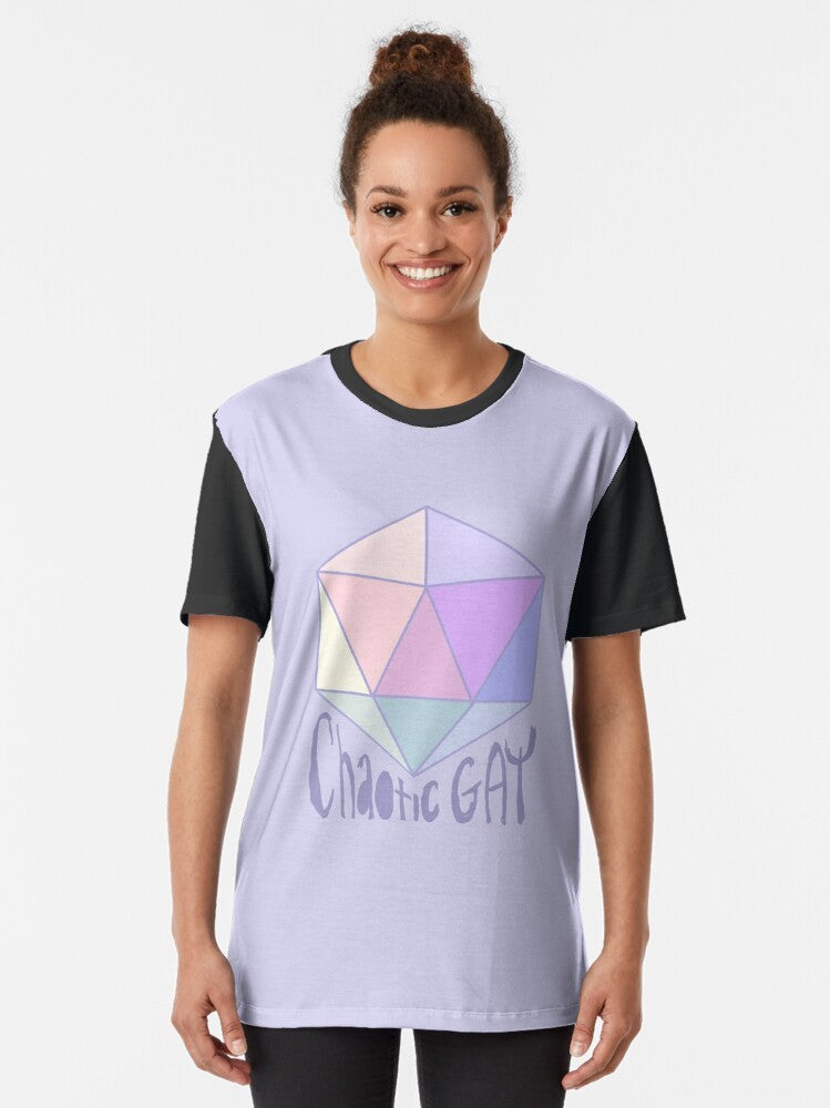 A pastel graphic t-shirt featuring a chaotic gay design for fantasy roleplaying game fans. - Women