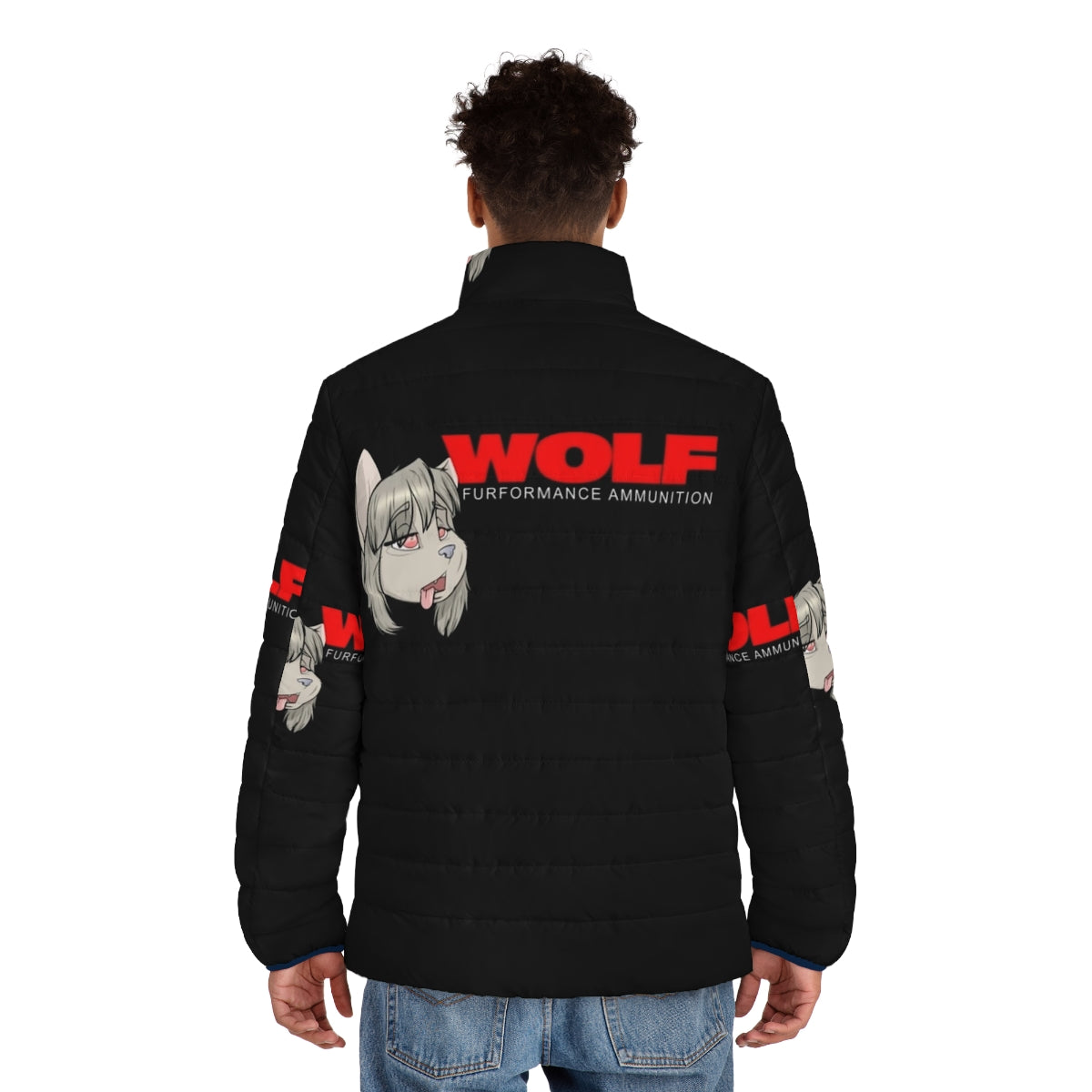 A wolf-themed puffer jacket for cozy and stylish winter wear - men back