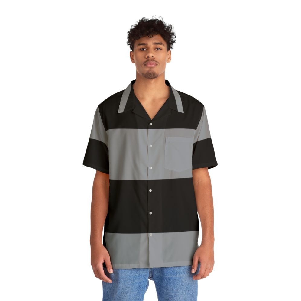 Black and Grey Horizontal Stripe Hawaiian Shirt - People Front