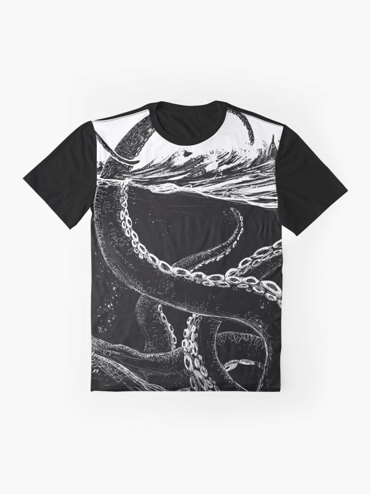 Kraken graphic t-shirt with a black and white illustration of a giant sea monster with tentacles - Flat lay