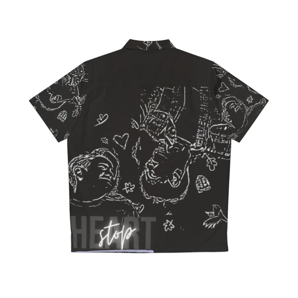 "Heartstopper-themed Hawaiian shirt with rainbow and floral designs" - Back