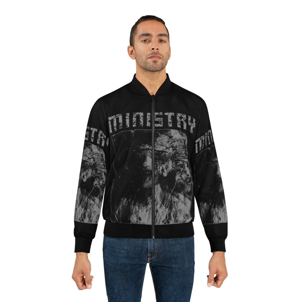 Ministry industrial metal bomber jacket featuring graphic designs and industrial-inspired details. - Lifestyle