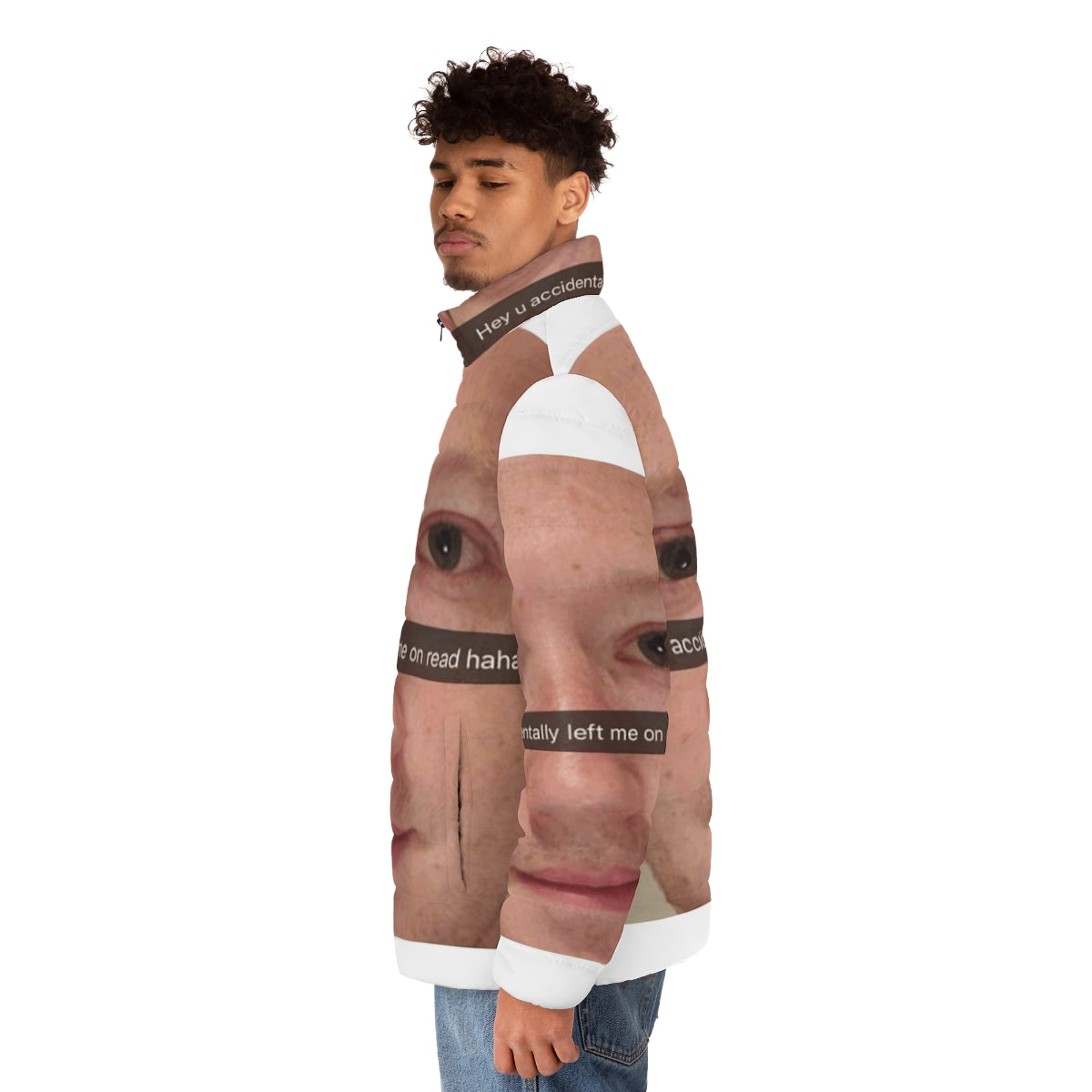 Mark Zuckerberg meme puffer jacket featuring a popular social media-inspired design - men side left