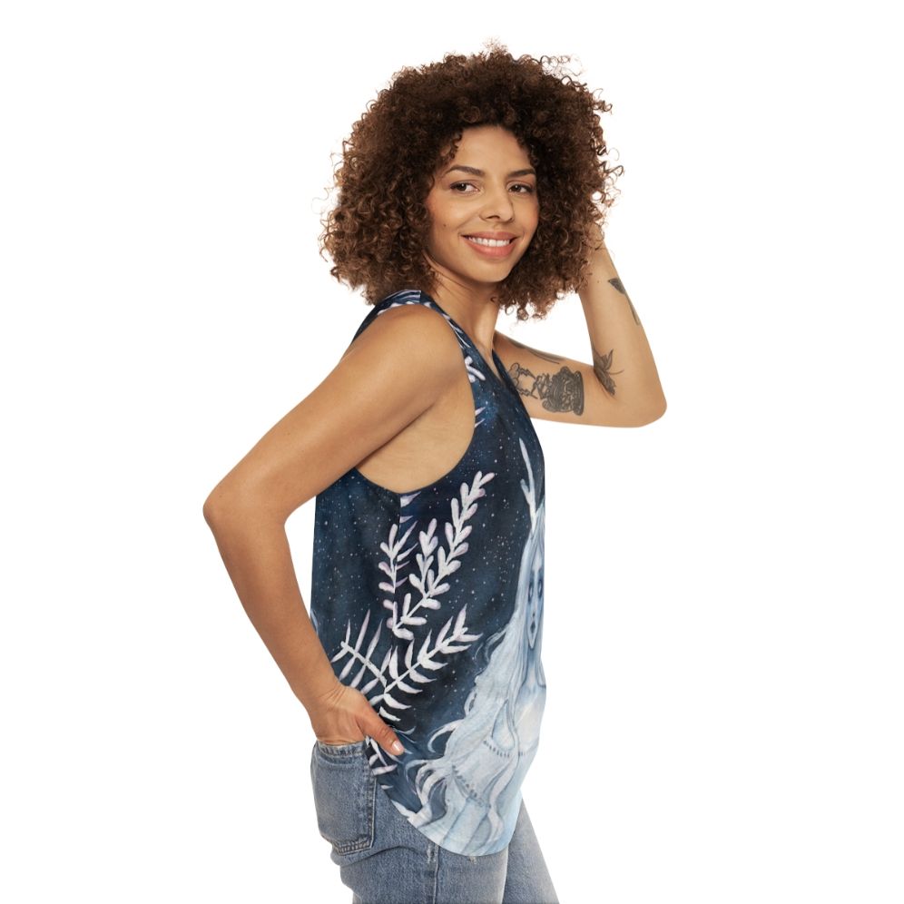 Unisex watercolor fantasy tank top with deer and starry night design - women side