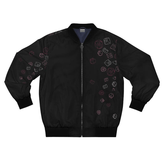 A stylish pink bomber jacket featuring a cascading dice pattern, perfect for gamers and role-playing enthusiasts.