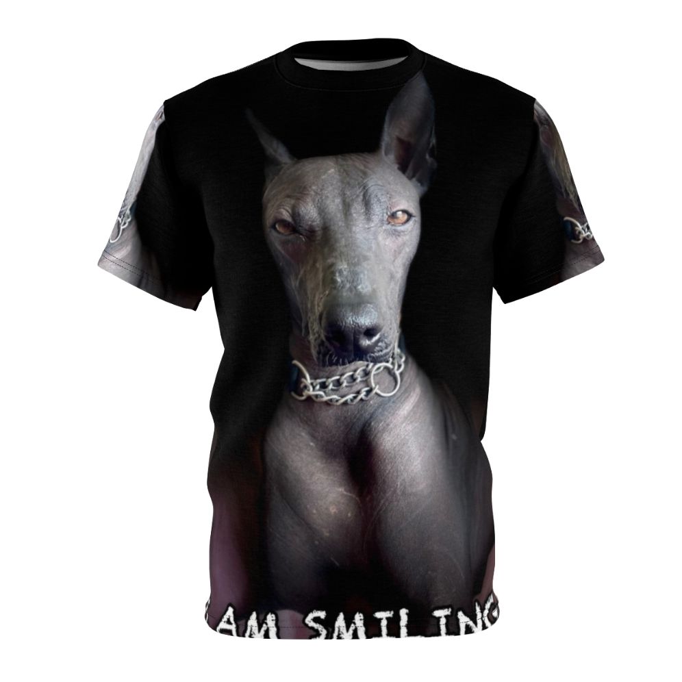 Stylish t-shirt featuring a graphic design of a Mexican Hairless dog, also known as a Xoloitzcuintle or Xolo.