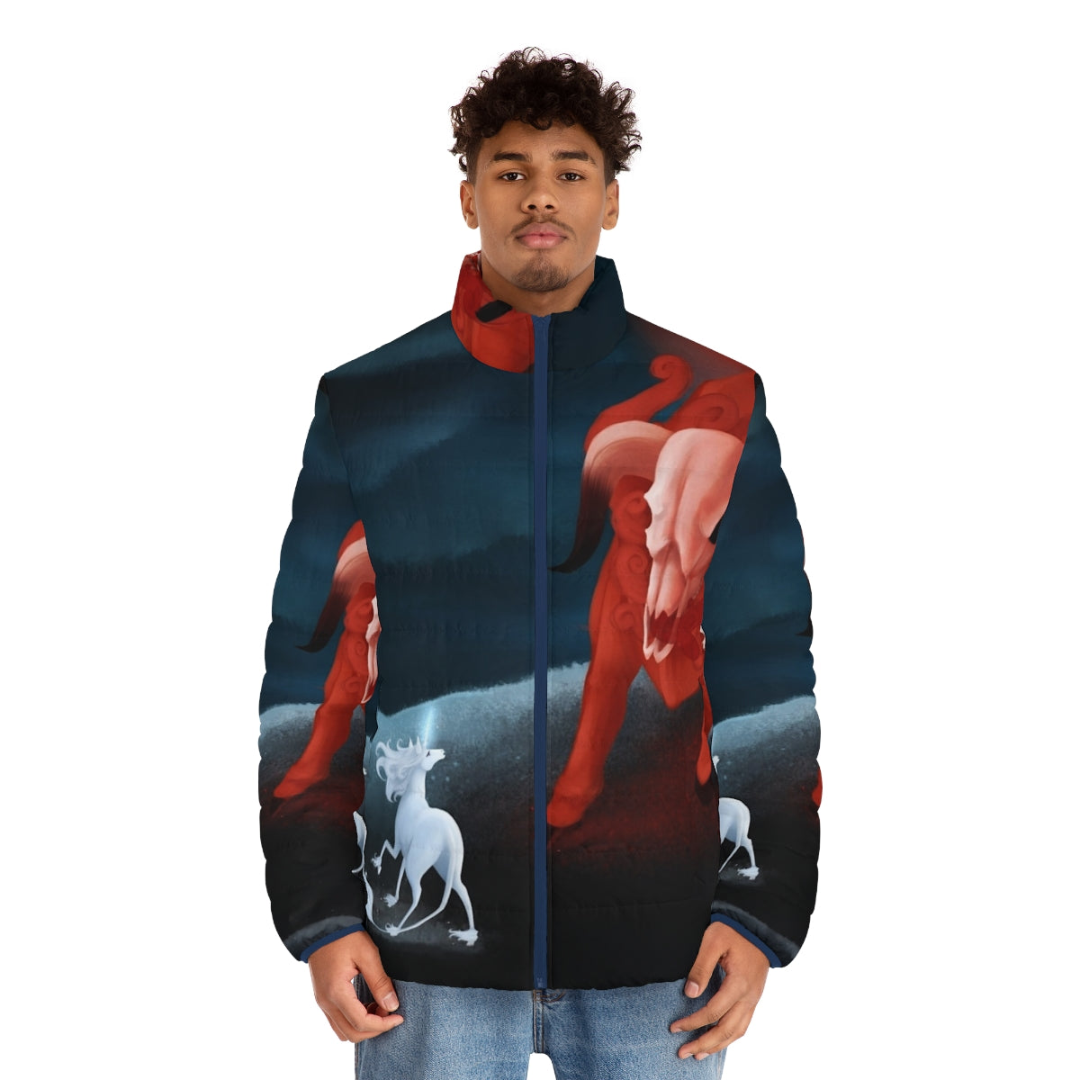 Dark red puffer jacket with unicorn and skull design - men front