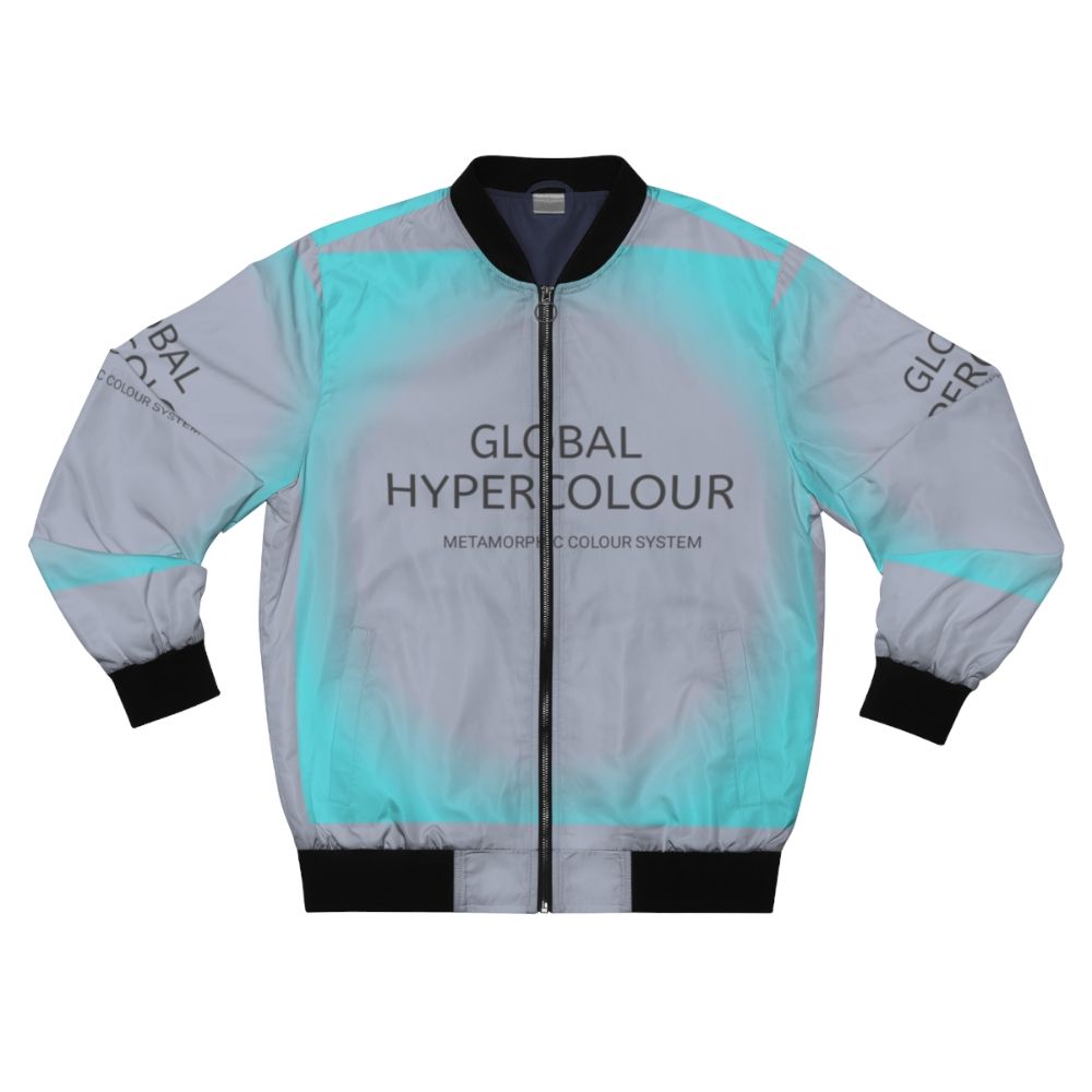 A colorful and vibrant bomber jacket with a global hypercolor design.