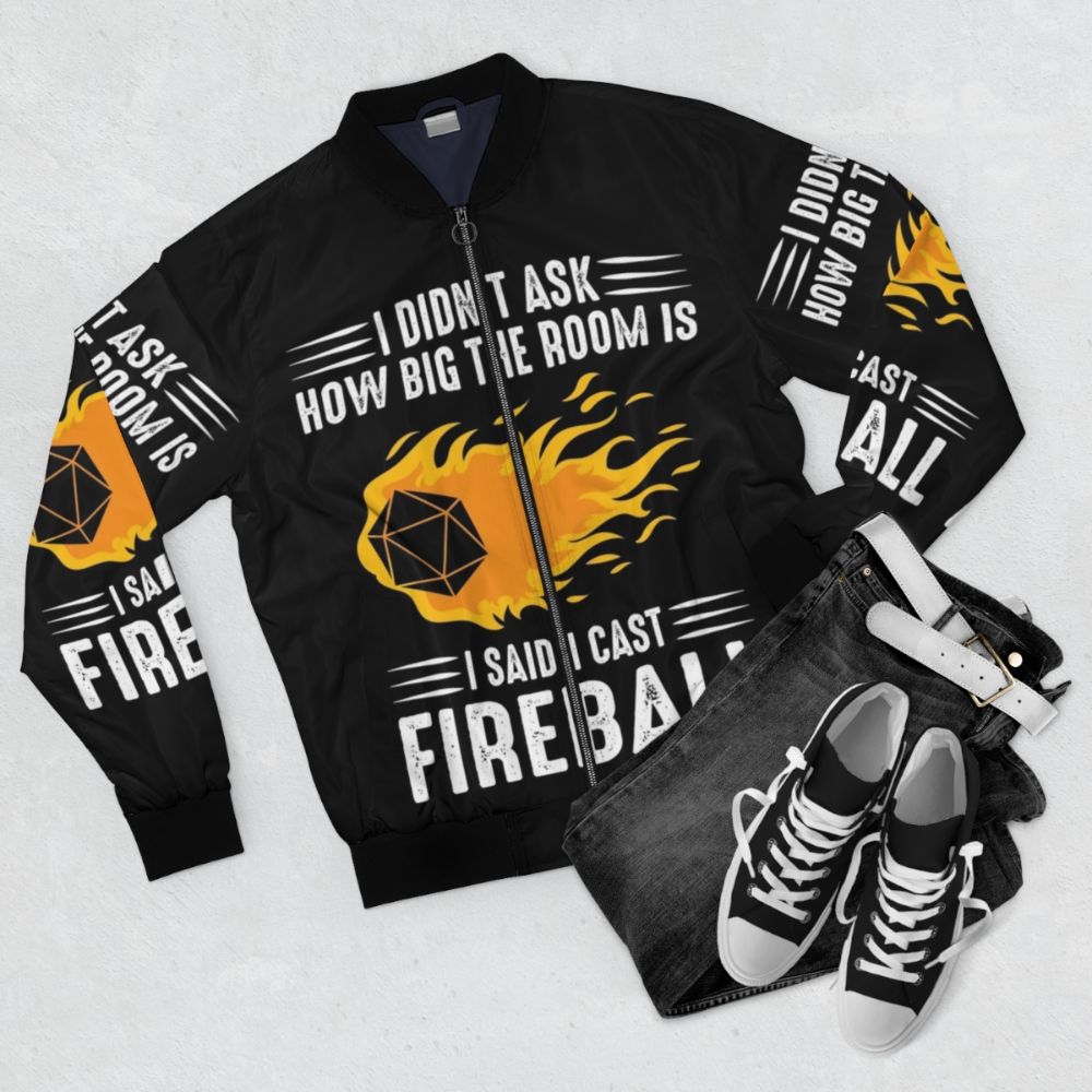 Fireball Wizard Sorcerer DM Gift TTRPG Bomber Jacket - Flat lay