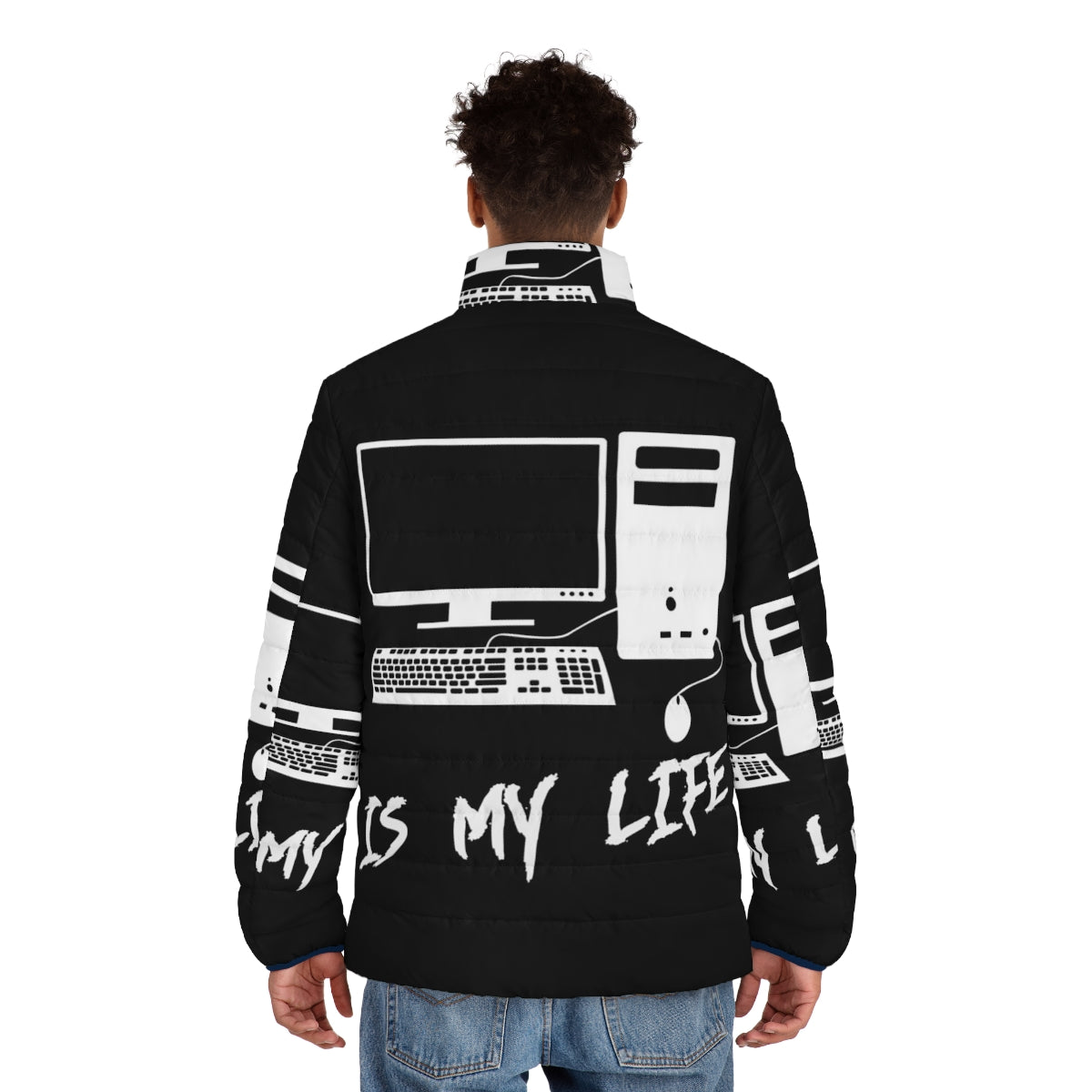 A cozy puffer jacket for computer enthusiasts, featuring a "Computer Is My Life" graphic design. - men back