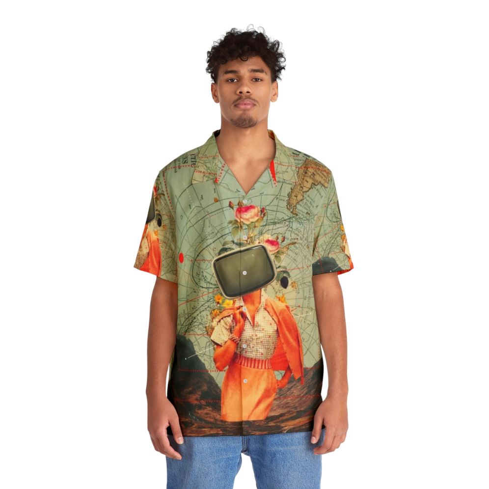 Vintage Hawaiian shirt with a surreal collage design featuring a nature landscape, floral patterns, and retro-inspired graphics. - People Front