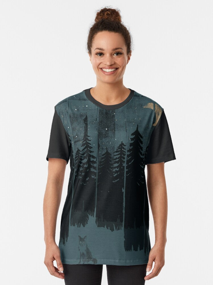 Graphic illustration of a fox in a moonlit forest on a t-shirt - Women