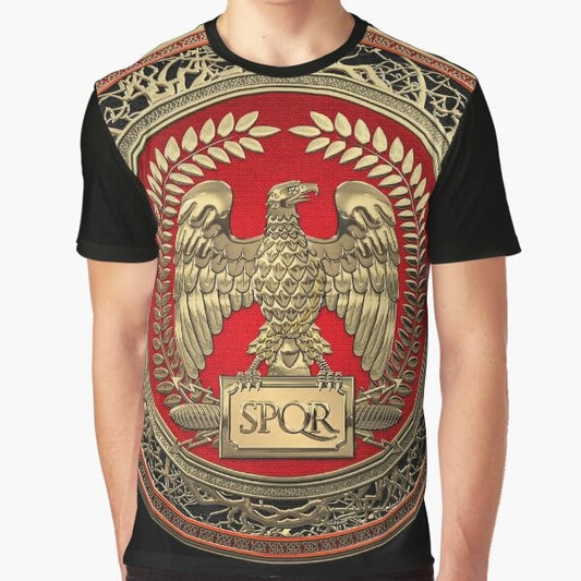 Gold Roman Imperial Eagle over Black Leather Graphic T-Shirt