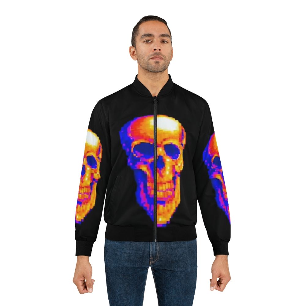 MDE Bomber Jacket featuring a graphic design with a skull, rainbow, and "MDE" text - Lifestyle