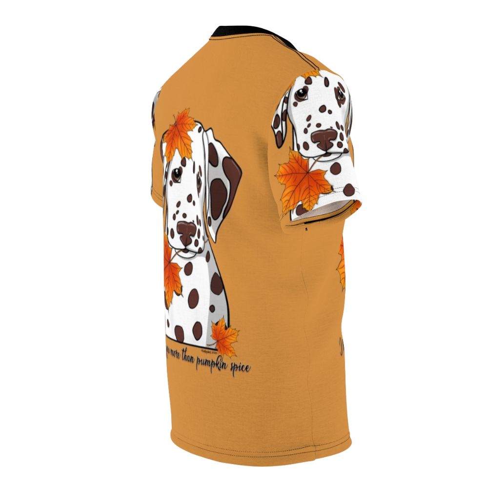 Dalmatian dog design on an autumn-themed t-shirt with pumpkins and fall leaves - men right