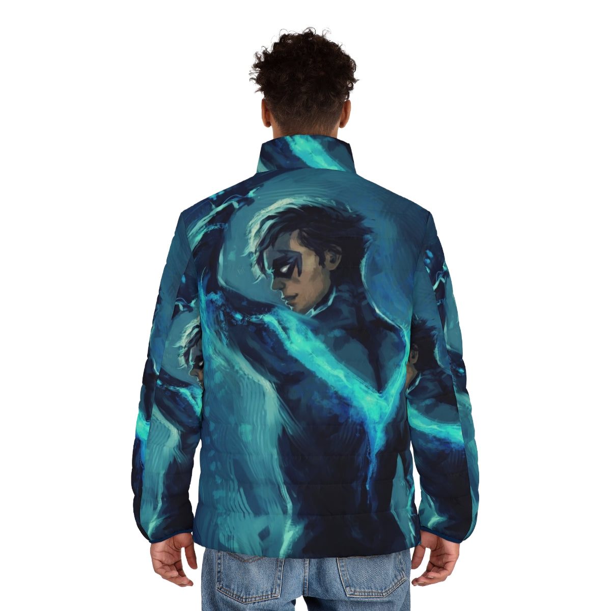 Nightwing Puffer Jacket with blue color and superhero design - men back