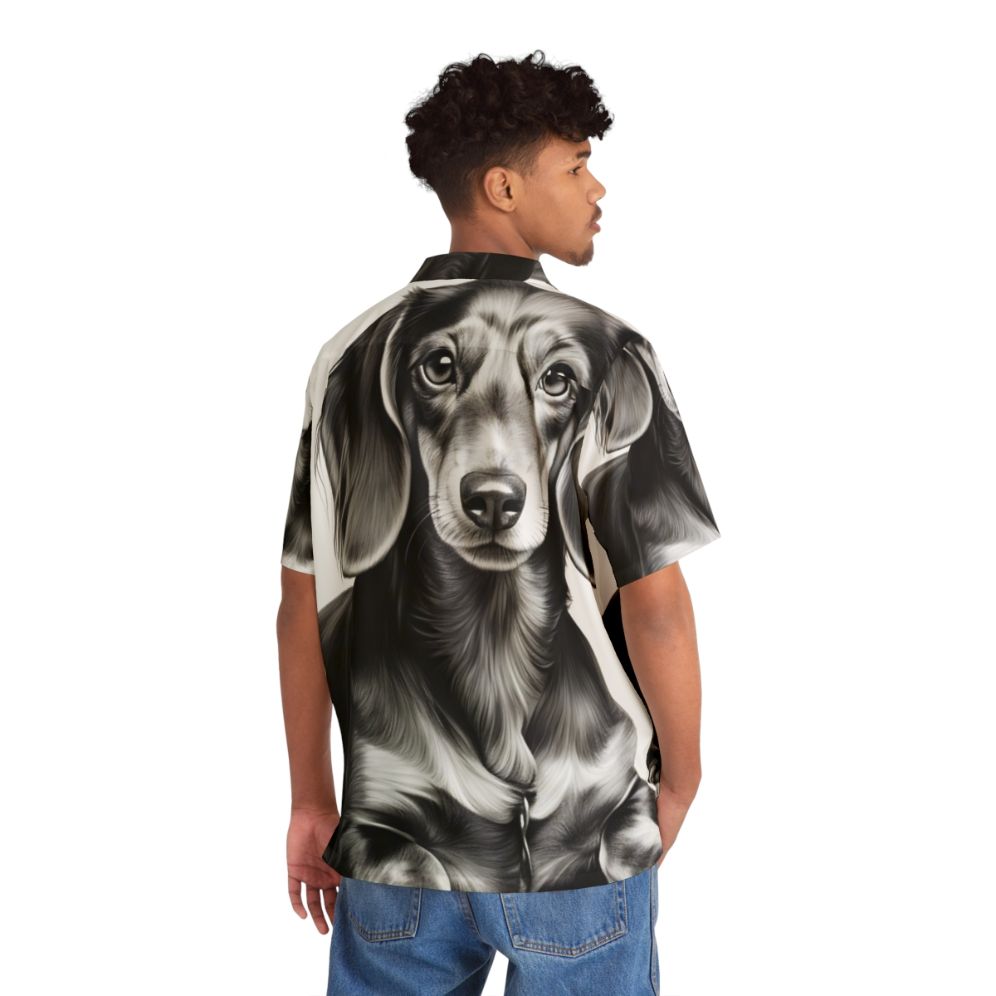 Dachshund dog wearing a Hawaiian shirt with a tropical print - People Back