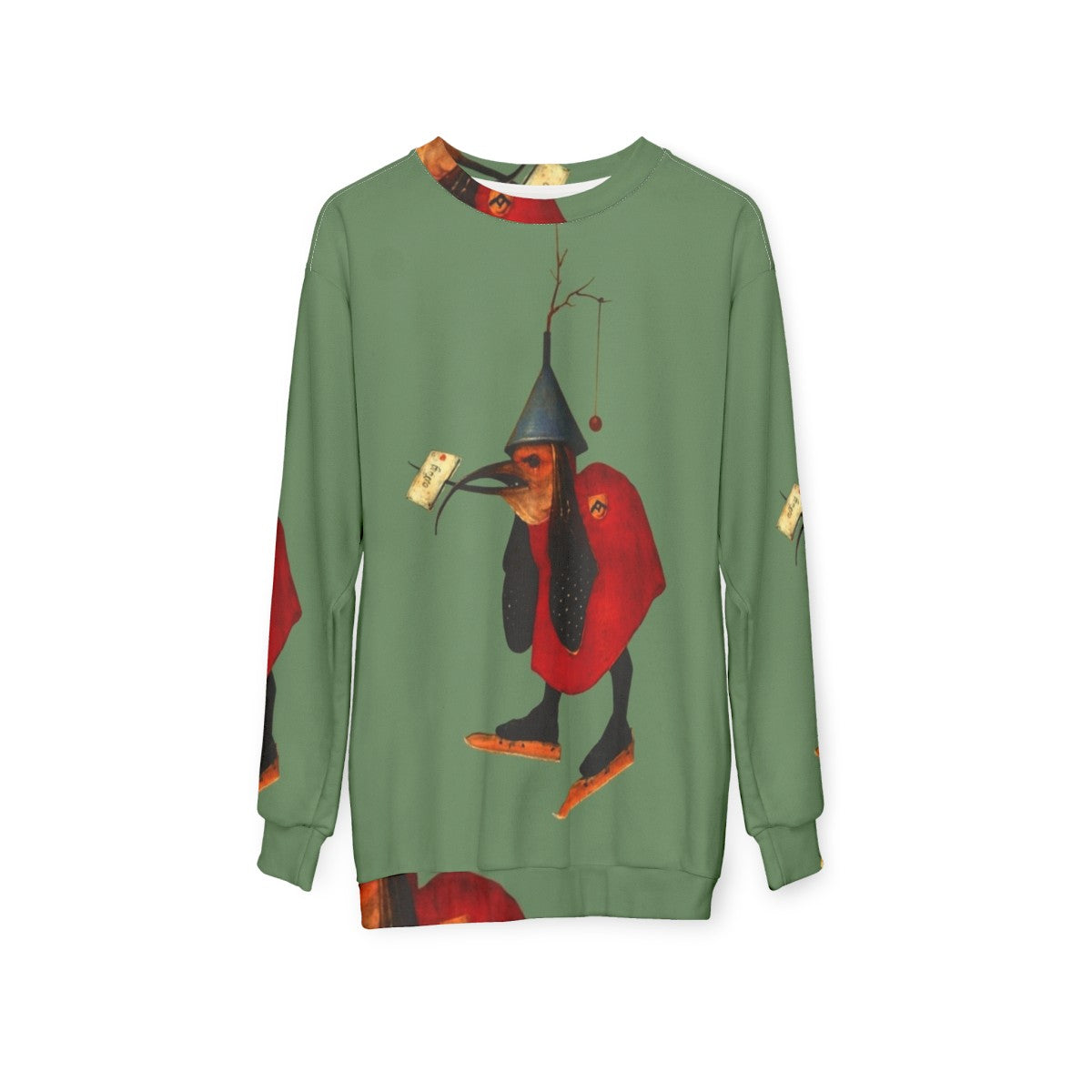 Hieronymus Bosch inspired sweatshirt with bird and letter design - hanging