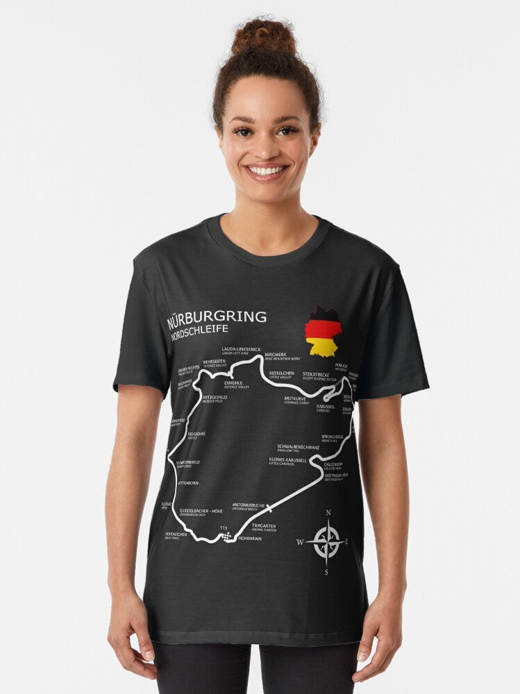 Graphic t-shirt featuring the iconic Nürburgring Nordschleife racetrack, a legendary motorsports destination. - Women