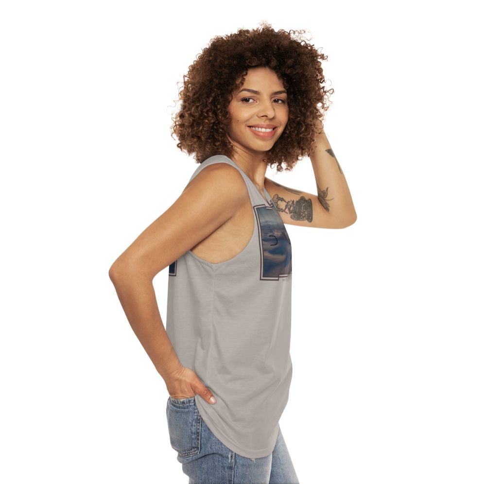 Dune-inspired unisex tank top with a greyish beige background - women side